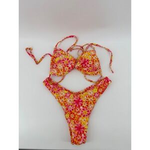 Womens Retro Floral Print Bikini Set Pink Orange Yellow High Cut Swimsuit Small